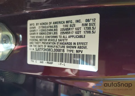 2012 Honda Crosstour 2.4 Ex from USA, damaged, VIN 5J6TF3H38CL006816